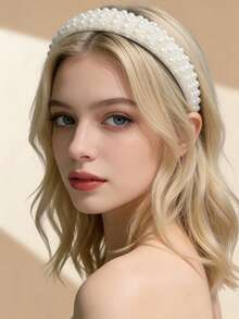 1pc Simple White Pearl Headband, Comfortable Non-Slip Headpiece, Suitable For Daily Wear, Elegant Faux Pearl Headband, Shiny Beaded Headband, Suitable For Wedding And Bridesmaid Looks Hairband Diadema Hair Hoop - White - View 3