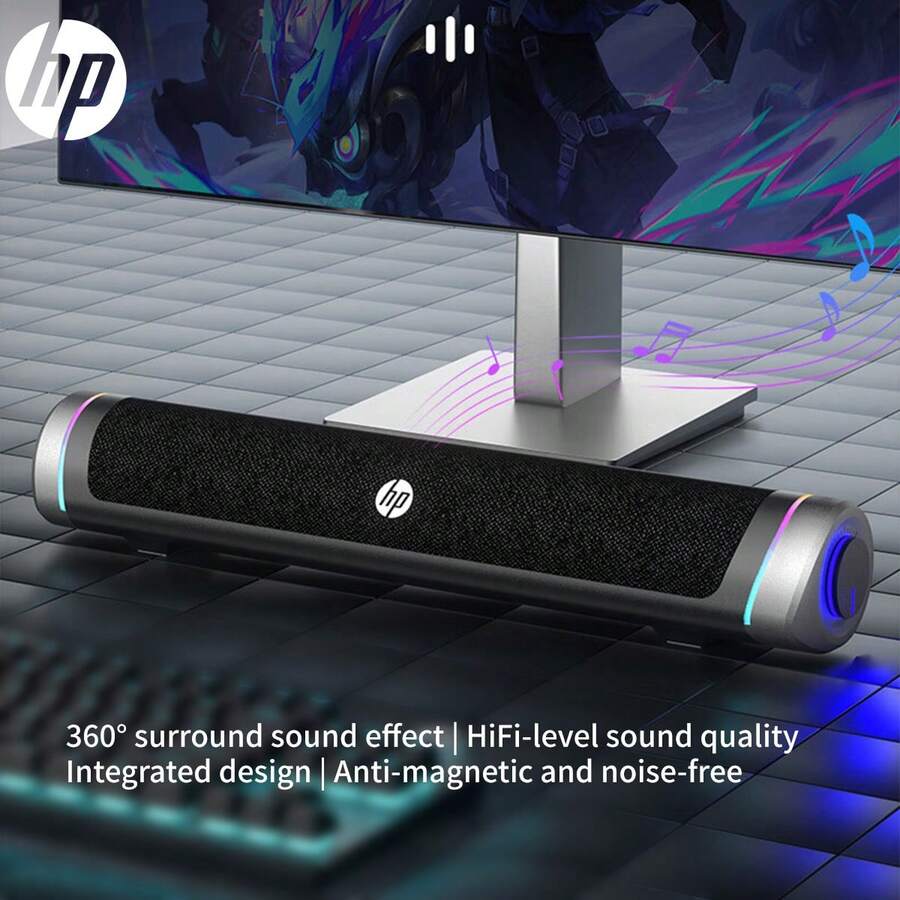 惠普兼容有线扬声器，具备360度环绕立体声和RGB灯光效果，水滴形设计增强声音传输。 - 黑色3.5mm+USB - 查看 1