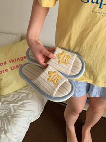 XIXITIAO 1 Pair Cute Star & Striped Pattern Slippers, Comfortable Soft Bottom Flat Slides, Lightweight Casual Indoor Slippers For Home, AC Room, Floor - Blue - View 5