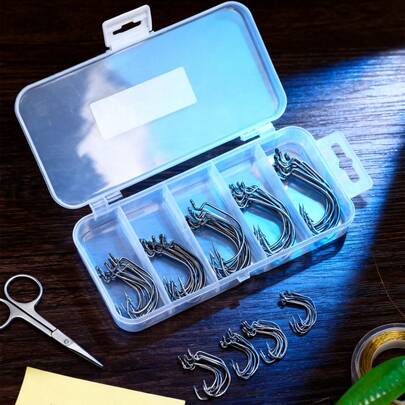 50 piezas por caja de set premium de ganchos curvos con barbas - Ganchos de pesca de acero al carbono de boca ancha y descentrados, adecuados para pesca de insectos blandos - Duraderos, resistentes a la corrosión y con punta afilada