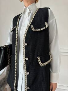 Livesso Women's Business Casual Knitted Sleeveless Jacket With Strap Patchwork,Fall Clothes Vest - Black - View 8