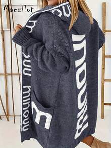 Plus Size Women's Letter Pattern Casual Minimalist Everyday Soft Knit Warm Long Sleeve Hooded Cardigan - Grey - View 2