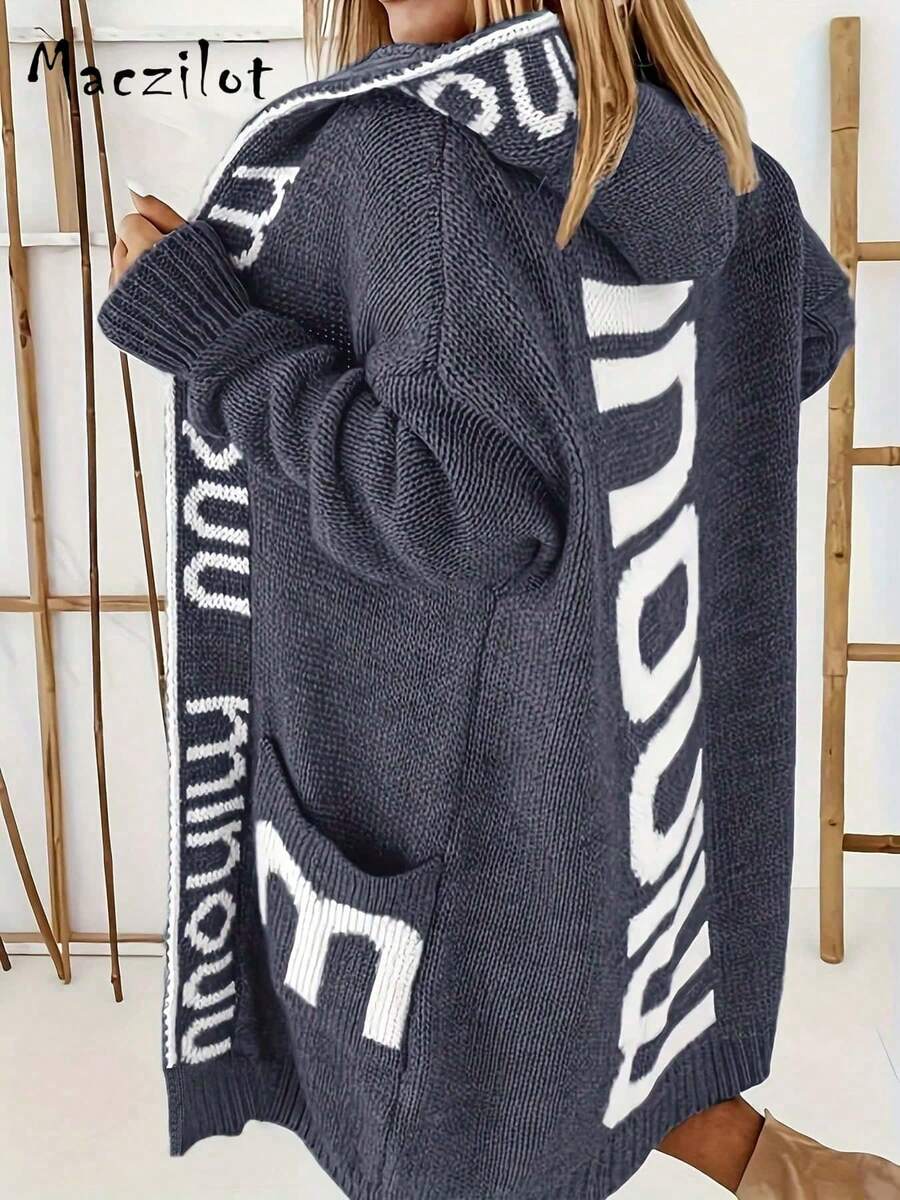 Plus Size Women's Letter Pattern Casual Minimalist Everyday Soft Knit Warm Long Sleeve Hooded Cardigan