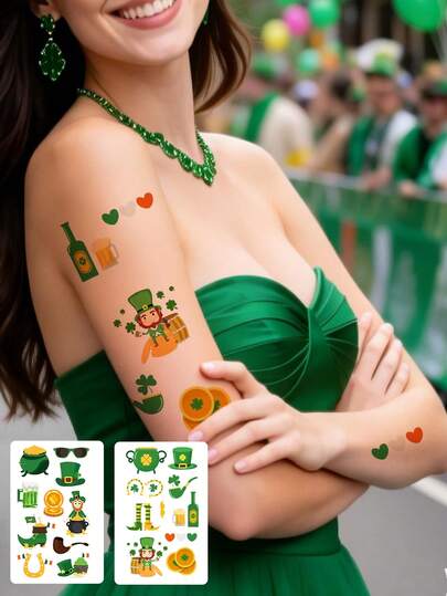 St. Patrick's Day Fun Temporary Tattoo Set, Leprechaun & Clover Waterproof Sweatproof Decorative Stickers, Suitable For Irish Festival Party Atmosphere, People