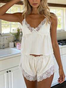 Women's Satin Lace Trim Lounge Set - Sleeveless V-Neck Top  Shorts Pajama Set With Bow Detail For Spring  Summer Home Wear - 白色 - 查看 8