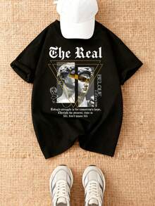 1 pieza Camiseta Negra de Algodón para Niños, Estampada, Cuello Redondo, Cómoda Manga Corta, Transpirable y Antiodorante, Ideal para Verano, Adecuada para niños de 8 a 12 años - Negro - Ver 2