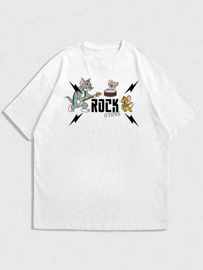 Strevion OBM Men X TOM & JERRY Camiseta de manga corta casual y versátil para hombres con estampado del elemento de la banda Tom y Jerry