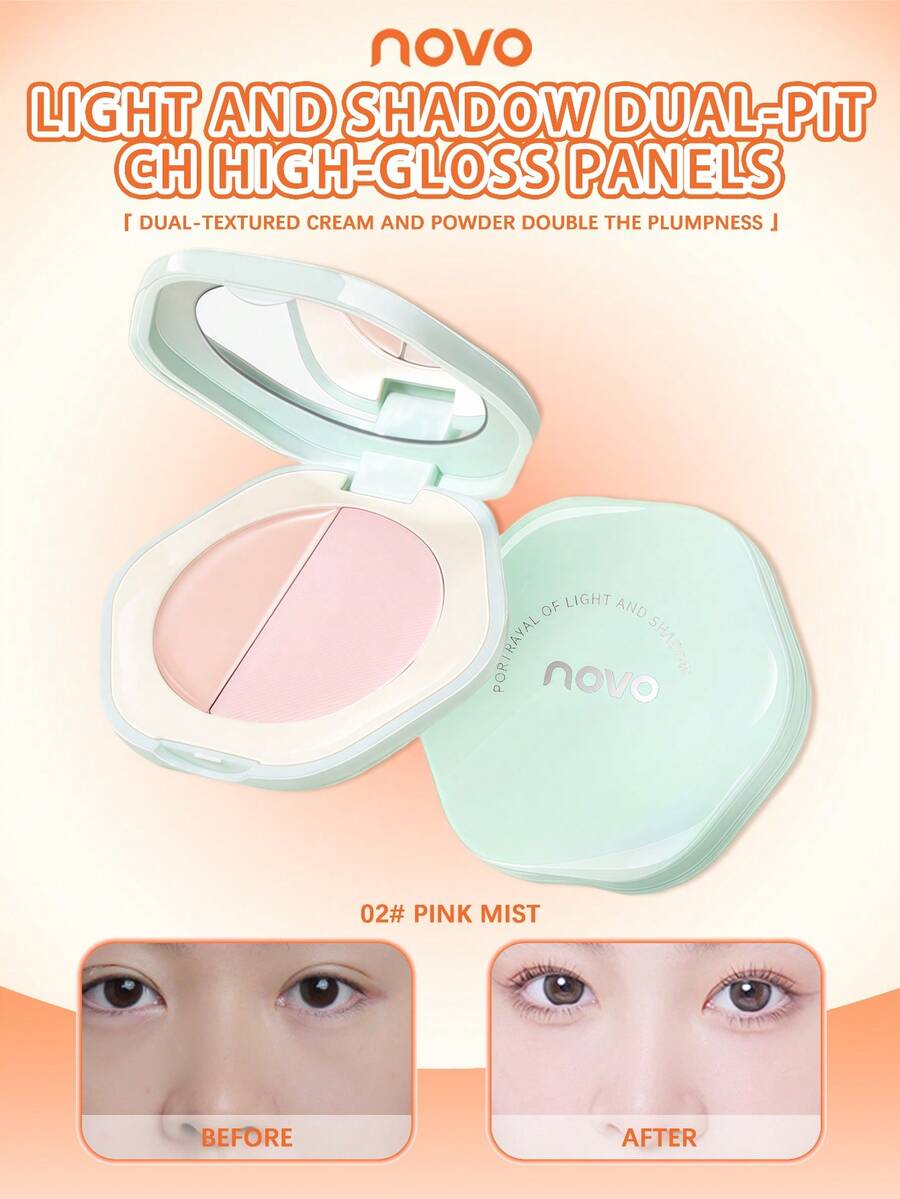 NOVO 双色高光粉，哑光和珠光妆效，自然轮廓腮红，适合日常妆容，学生适用，性价比高，派对礼物，新年、秋冬季、送给朋友、聚会礼物，Y2K风格，可爱 - 02#粉霧 - 查看 1