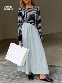 Jupe longue décontractée et polyvalente bleu clair pour femmes ROSIE POPHUB. Style élégant et preppy, parfaite pour les sorties du Nouvel An, la Saint-Valentin, le printemps, l'été et l'hiver. Nouvelles arrivages - Bleu ciel - Voir 4