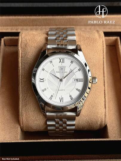  Pablo Raez 1件装优雅男士腕表，原创魅力奢华男士腕表，不锈钢材质，休闲商务风格，厚重钢表带，银色表链，不易褪色，白色表盘，50米防水，简约日历显示，男士钢制休闲时尚石英表