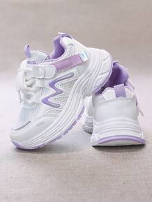 1 Pair Children's Casual Fashion Skateboard Shoes, PU Leather Multicolor Patchwork Upper, White, Purple, Light Green Color Scheme, Simple & Fresh, Soft, Lightweight, Comfortable, Convenient Hook And Loop Closure, Suitable For Children's Daily Sports, Leisure, Play, Holiday Occasions, Combining Aesthetics And Practicality. - Violet Purple - View 2