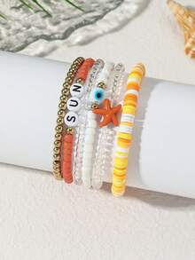 6件套休闲度假风仿绿松石海星串珠手链套装，适合女性日常、度假、冲浪等场合佩戴 - 彩色 - 查看 2