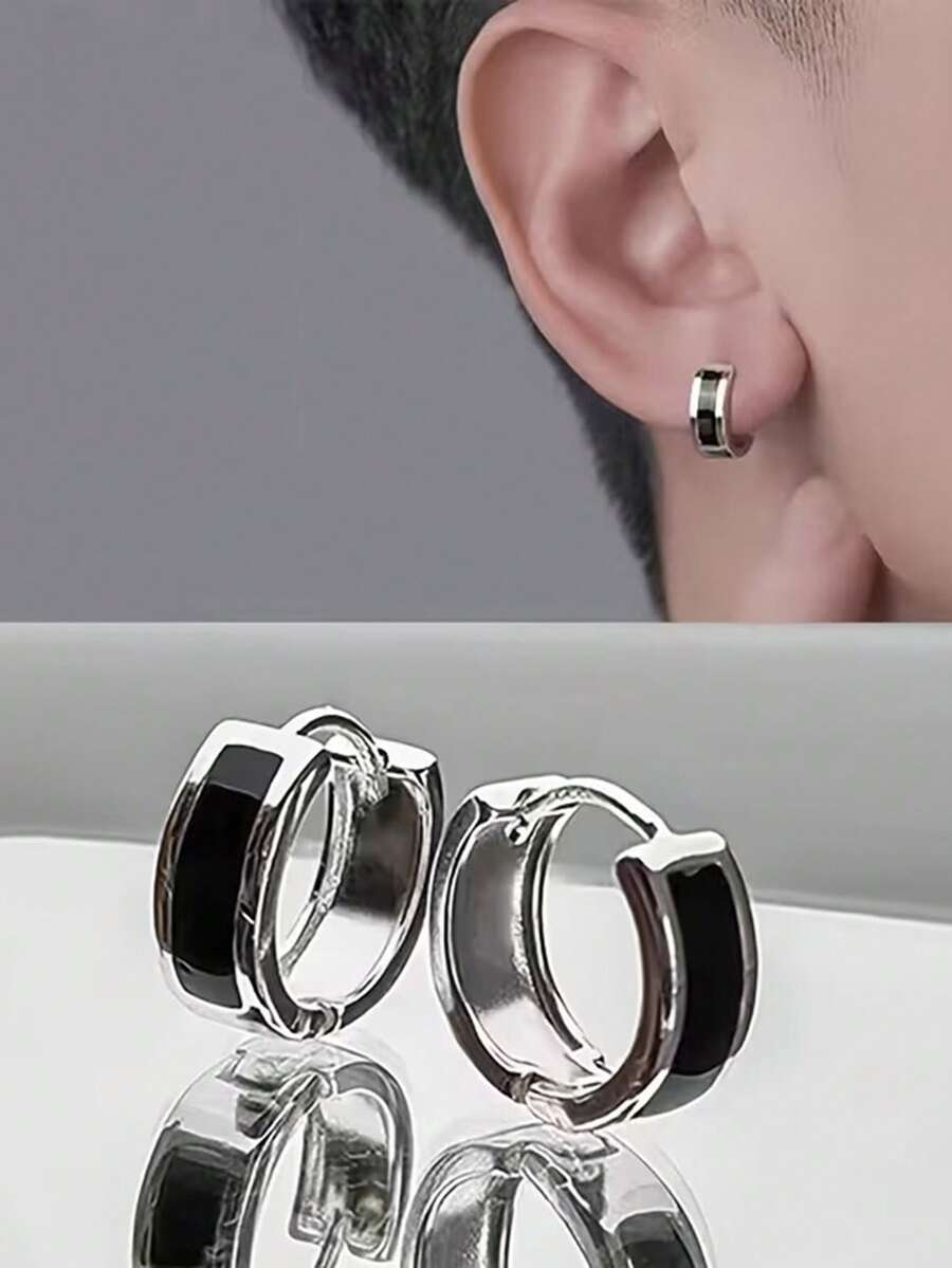 2 Pieces Stylish Black Plain Hoop Men's Earrings, Unisex Niche Design With A Hip-Hop , Sophisticated And Versatile, Suitable For Everyday Wear, Valentine's Day, Or As A Gift. - Black - View 1