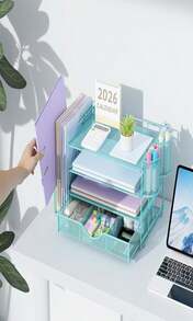 Gianotter Desk Organizers And Accessories With File Holder, 4-Tier Desk Accessories &Amp; Workspace Organizers With Drawer And 2 Pen Holder, Paper Organizer For Office Supplies (Blue) - MàuB - Xem 6