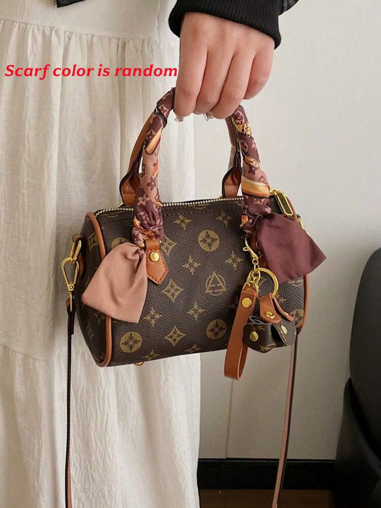 Random Color & Pattern Fashion Scarf Decor Elegant Handbag, Minimalist Retro Style Shoulder Tote Bag - Multicolor - View 2