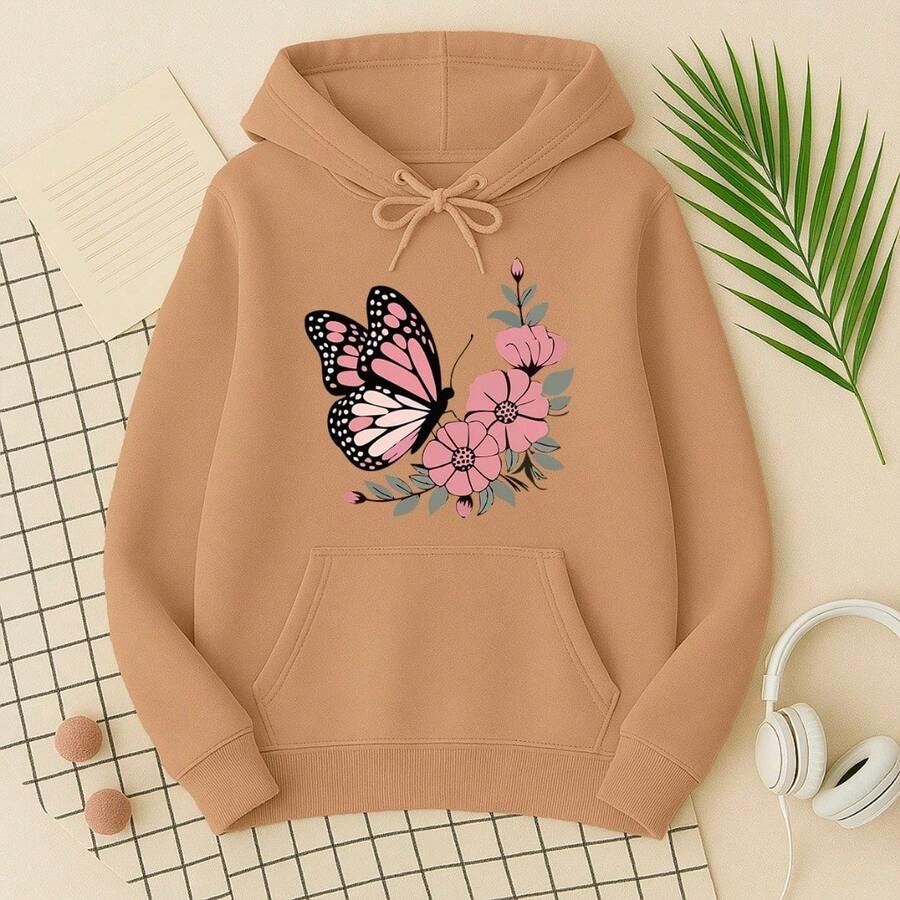 Women's Butterfly And Flower Fleece Sweatshirt - Warm And Versatile Winter Look - On - 摩卡棕 - 查看 1