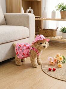 PETSIN Kitten & Puppy, Classic Blue Plaid With Cherry Print Hooded Dress Set For Dogs - Pink - View 2