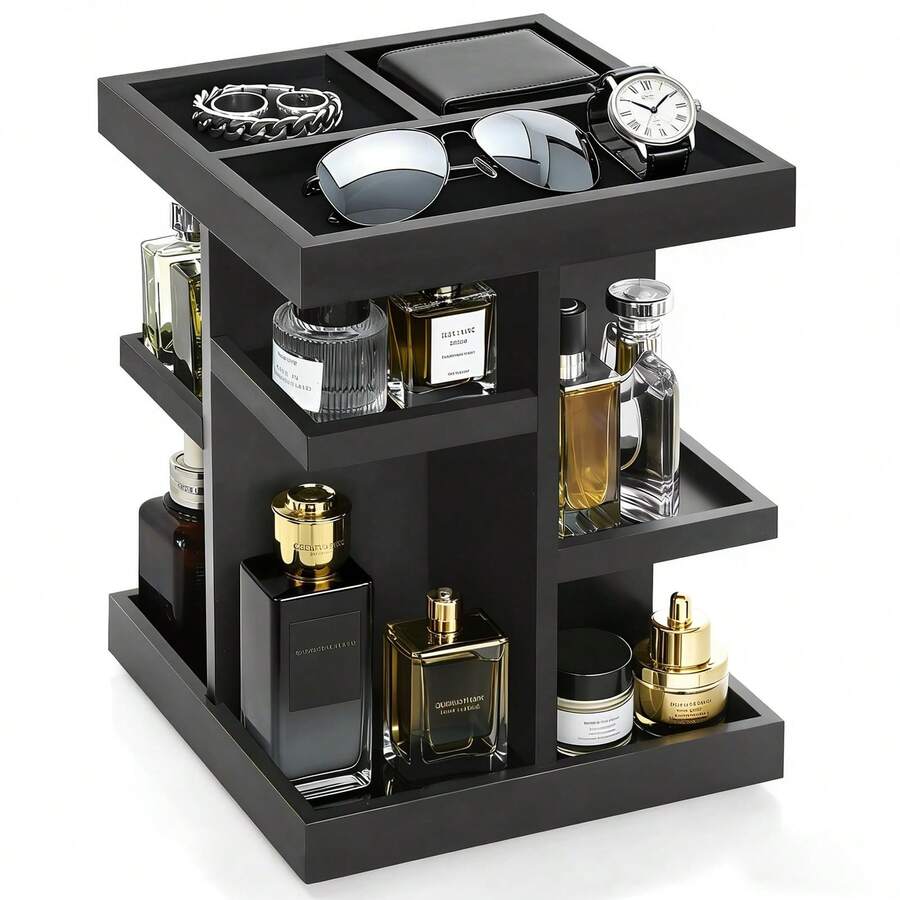 Cologne Organizer For Men, 5-Tier Large Capacity Perfume Organizer, Rotating Wood Cologne Stand Gifts For Him, Mens Perfume Display Holder, Christmas Nightstand Makeup Shelf For Watch, Jewelry (Black) - 黑色 - 查看 1