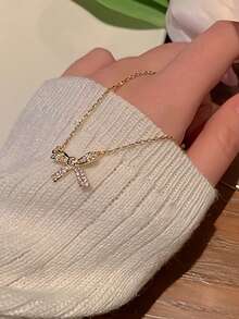 1件装精致简约蝴蝶结吊坠项链，女士款 - 金色 - 查看 4