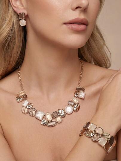 Cring Coco 3PCS/Set Woman Jewelry Set Fashion Boho Khaki Simple Geometric Necklace And Earrings Bracelet For Daily Party Prom Vacation Valentine's Day Music Festival Carnival Gift