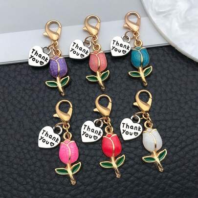 2pcs Fashion Enamel Tulip Flower Keychain Charm Thank You Pendant Mini With Lobster Clasp Accessory Suitable For Backpacks, Wallets, Keychains, And Decorative Ornaments