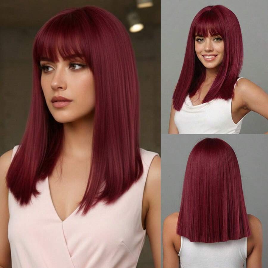 17.71 Inch (45CM) Wine Red Shoulder-Length Medium Straight Wig With Bangs For Women, Multi-Layered Synthetic Hair Wig With Face-Framing Curtain Bangs, Heat Resistant Adjustable Cap, Natural Hair Parting, Easy To Style For Daily Wear, Party & Cosplay - 酒紅色 - 查看 1