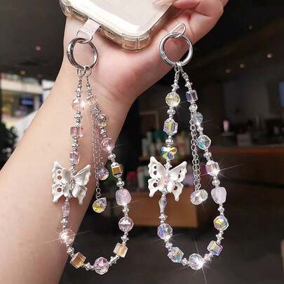 1pc Crystal Butterfly Beaded Phone Lanyard, Wrist Strap, Jewelry Accessory, Outdoor Travel Anti-Lost Phone Holder, Camera Strap (Transparent Clip Included, Photo Card Not Included)