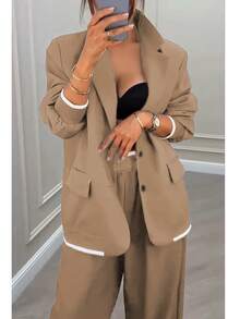 优雅女士纯色拼接撞色罗纹口袋拉链纽扣办公套装，适合通勤和日常休闲穿着，春季款 - 卡其色 - 查看 5