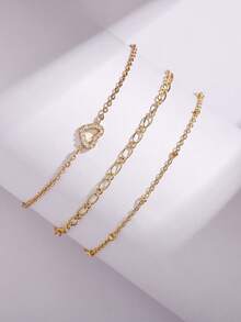 3pcs/Set Women Bracelet Set, Casual Elegant Gold-Tone Zirconia Heart Pendant & Beaded Chain Layered Bracelets, Suitable For Daily Wear (Bead Quantity Random) - Yellow Gold - View 5