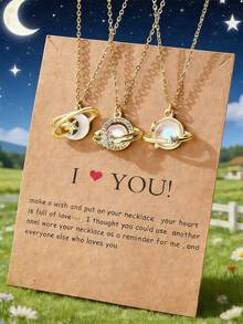 3 Piezas Collar De Metal Plateado Incrustado Con Diseño De Diamantes De Imitación Con Colgante De Estrella, Luna, Sol Para Parejas O Amigos Como Regalo - Plateado - Ver 5