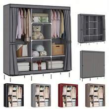 LARGE FABRIC CANVAS WARDROBE SHELVING CLOTHES STORAGE CUPBOARD WITH HANGING RAIL - Gray - View 1