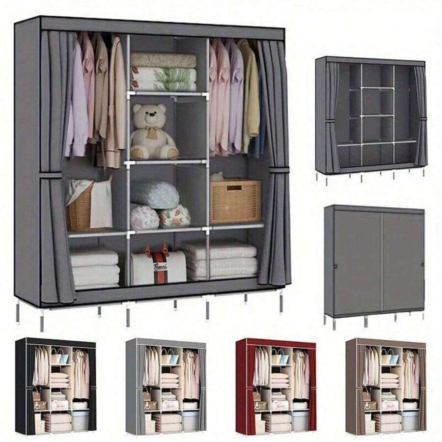 LARGE FABRIC CANVAS WARDROBE SHELVING CLOTHES STORAGE CUPBOARD WITH HANGING RAIL - Gray - View 1