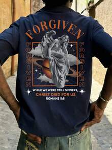 男士夏季时尚简约街头休闲字母印花圆领短袖T恤 | 百搭街头风上衣 - 藏蓝色 - 查看 1