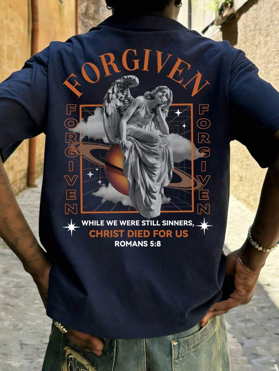 男士夏季时尚简约街头休闲字母印花圆领短袖T恤 | 百搭街头风上衣 - 藏蓝色 - 查看 1