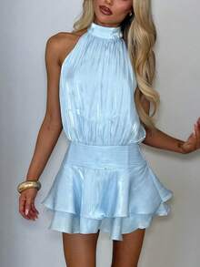 Women Chiffon Pleated Halter Mini Dress Sleeveless Mock Neck Layered Ruffle Hem Bodycon Short Dress Summer Off The Shoulder Backless Ruched Tiered A-Line Going Out Dresses Party Club Beach Vacation Dress - Màu xanh lam - Xem 3