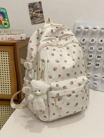 Fashionable Girl's Strawberry Print Backpack, Multi-Compartment And Pockets, Thick And Durable, Student Backpack, Multi-Functional Backpack, Leisure Backpack Travel Essential Large Capacity Backpack With Small Bear Pendant.