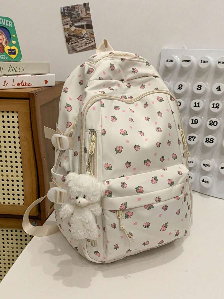 Fashionable Girl's Strawberry Print Backpack, Multi-Compartment And Pockets, Thick And Durable, Student Backpack, Multi-Functional Backpack, Leisure Backpack Travel Essential Large Capacity Backpack With Small Bear Pendant. - Multicolor - View 1