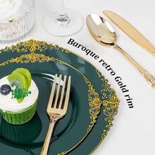 102PCS Gre1en And Gold Plates - Gre1en Plastic Plate - Fancy Heavy Duty Disposable Plates - Heavyweight Disposable Dinner & Dessert Plate For 51 Guests For Party & Wedding - 格林 - 查看 8