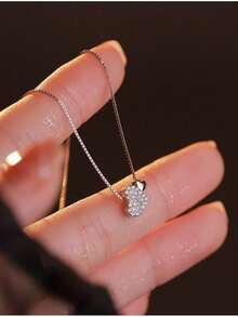 1pc Fashionable Minimalist Heart Shaped Glass Rhinestone Pendant Necklace, Suitable For Daily, Casual, Commute, Date Wear, Valentine's Day Gift, Birthday Gift, Mother's Day Gift - Silver - View 2