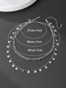 1pc Niche Silver Metal Figaro Chain Round Disc Multi-Layer Necklace, Suitable For Men's Street Fashion, Party, Birthday, Daily Wear (No Gift Box) - Silver - View 5
