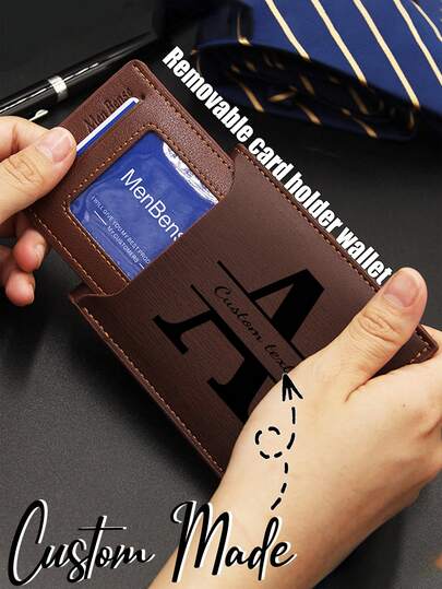Customizable Men's Wallet With Removable Card Holder, Personalized Text Option, Business Style, Pu Leather Wallet With Multiple Card Slots, Short Bifold Design, Artistic Lettering Design, Men's Fashion Accessory, Perfect For Valentine's Day, Father's Day, Christmas, New Year, And Easter Gifts.
