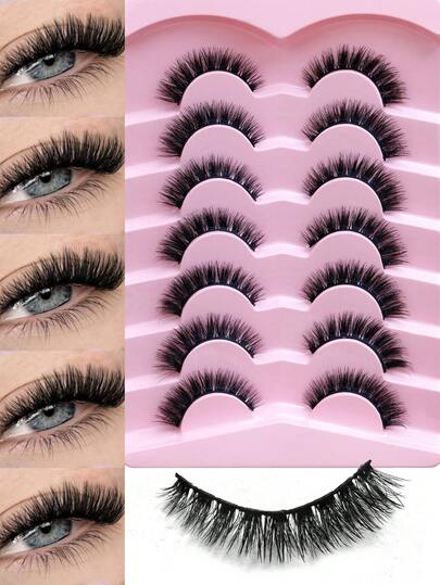 7对蓬松猫眼假睫毛，轻盈飘逸，漫画风格，仿貂毛，自然浓密，柔软短款，俄式假睫毛，适合日常妆容，美妆博主妆容，单根假睫毛，簇状假睫毛