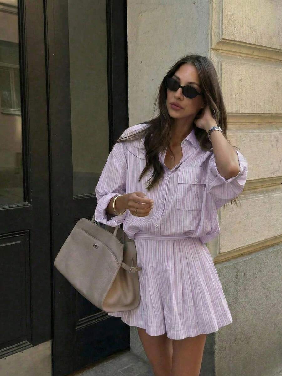 Women's 2-Piece Elegant Set: Spring/Summer Versatile Casual High-Waist Pleated Shorts + Striped Long Sleeve Shirt, New Arrival Fresh Purple Striped Outfit, Suitable For Work, Hangout, Travel, Campus, Fashion Blogger Same Style, Chic And Slimming - Mauve Purple - View 1