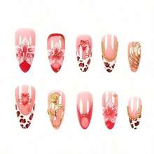 24pcs/Set French Almond-Shaped Ocean Style Elegant 3D Stereo Starfish, Red & Yellow Flower, Seashell, Golden Pearl Decorated Sweet Press-On Full Cover False Nails With 1pc Jelly Gel And 1pc Nail File, Adding A Romantic Touch For Daily Dates, Autumn/Winter - 彩色 - 查看 2