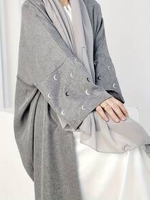 Moon Embroidered Abaya, Middle Eastern Muslim Robe - Light Grey - View 1