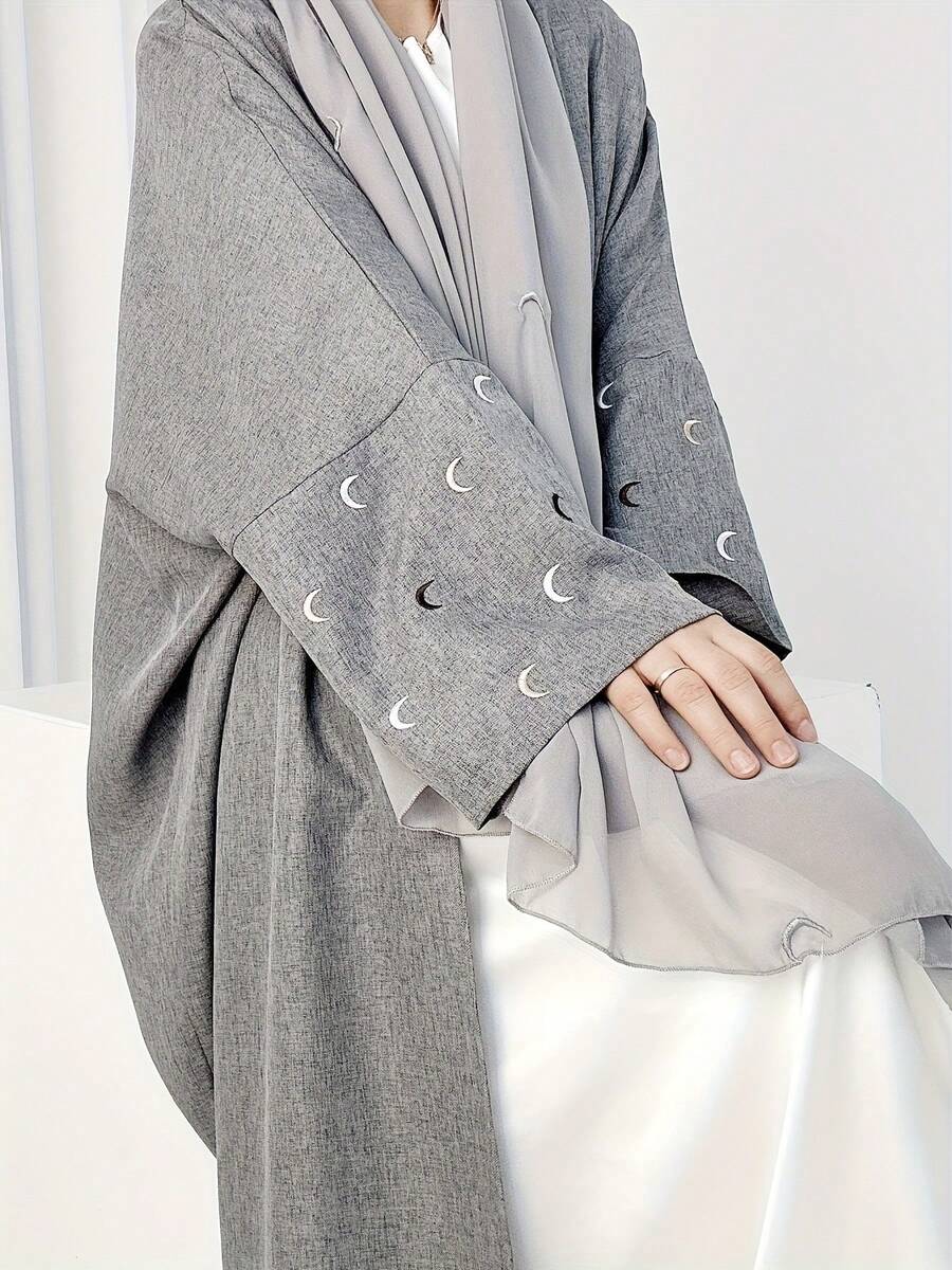 Moon Embroidered Abaya, Middle Eastern Muslim Robe - Light Grey - View 1