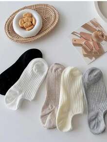5 Pairs Solid Color Casual Boat Socks, Unisex, Thin Spring Style, Suitable For Casual And Formal Occasions, Minimalist Design, Soft Fabric, Women Low Vamp Invisible Socks - Multicolor - View 6