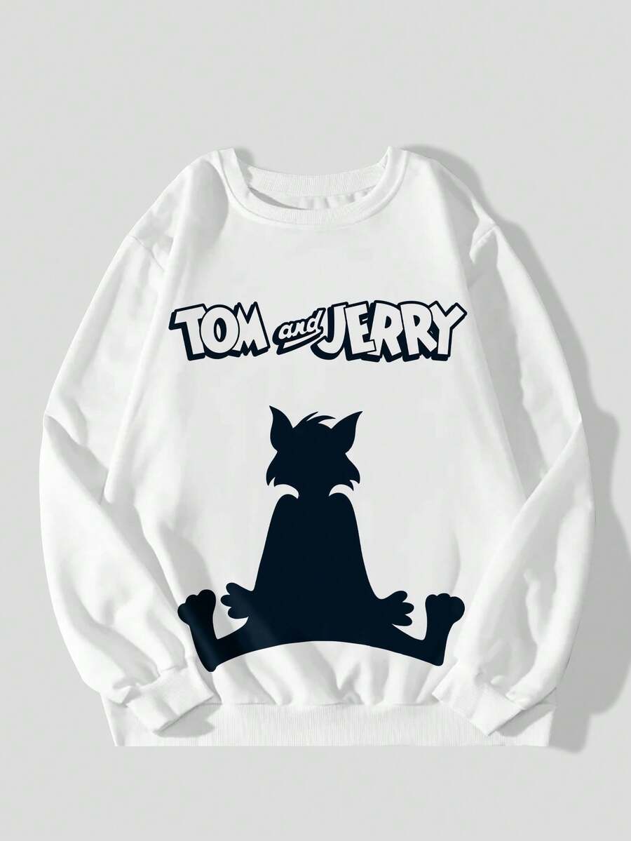 男士休闲黑色Shadow Tom字母印花圆领长袖卫衣，春秋季 - 白色 - 查看 1