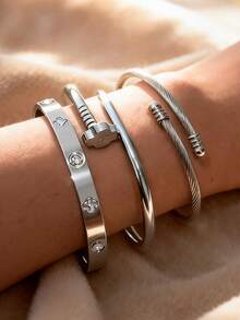 Set de 3 pulseras de mujer de plata, con diseño de trébol de cuatro hojas y flor de la suerte, con cierre retorcido y geométrico, de acero inoxidable resistente al agua, joyas de lujo aptas para uso diario, fiestas y como regalo - Plateado - Ver 3