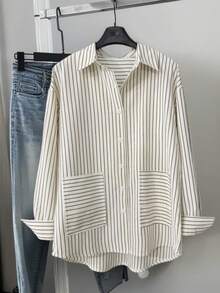 女士条纹宽松休闲口袋长袖衬衫，春夏款 - 杏色 - 查看 4